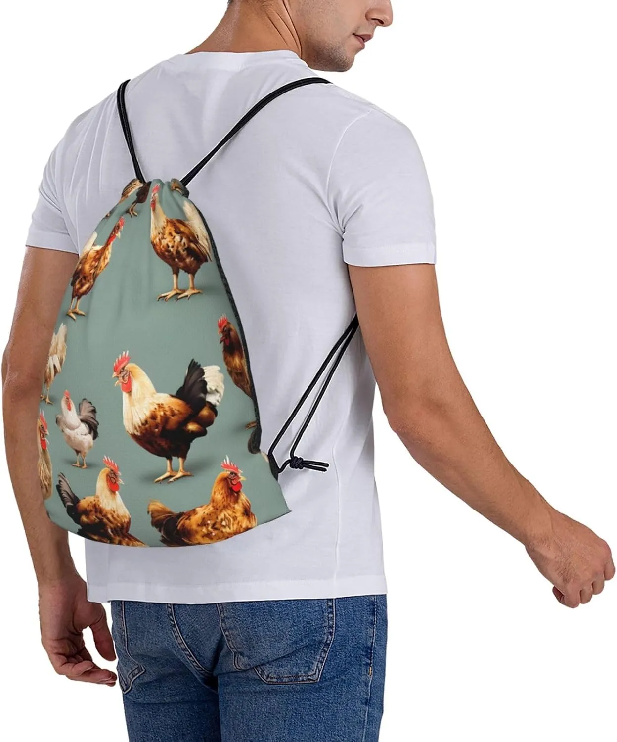 Chicken Prints Print Sports Drawstring Backpack,Water Resistant Bag, Gym Backpack for Women Men