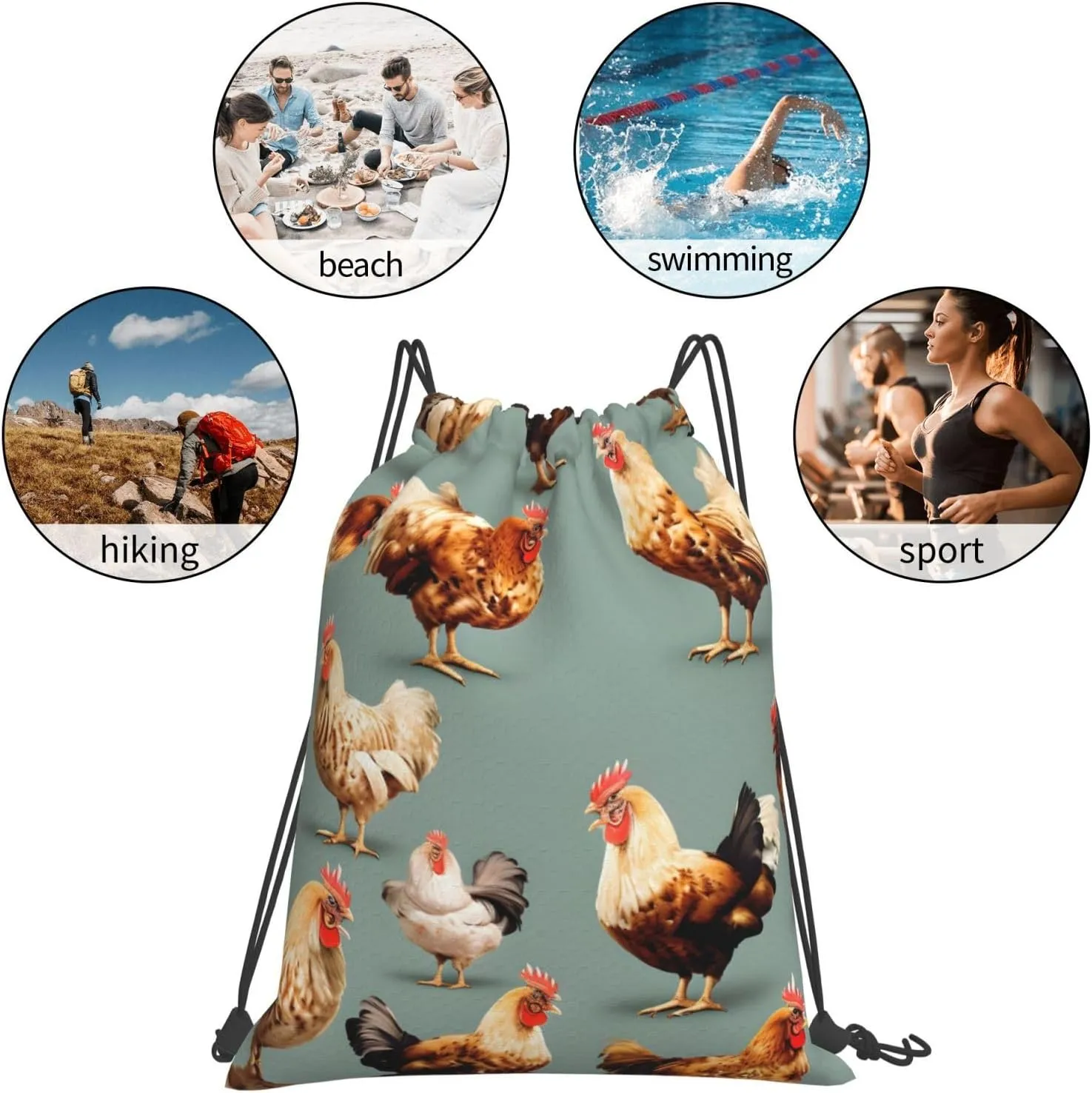 Chicken Prints Print Sports Drawstring Backpack,Water Resistant Bag, Gym Backpack for Women Men