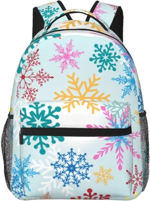 Christmas Multicolored Snowflakes Light New Year Backpack Casual Laptop Backpack Lightweight Double Shoulder Bag Travel Daypack For Women Men