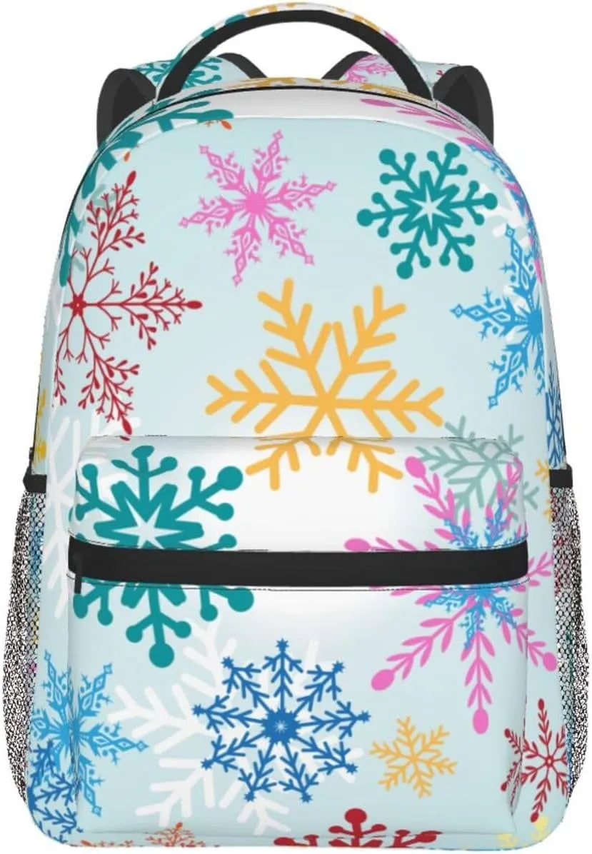 Christmas Multicolored Snowflakes Light New Year Backpack Casual Laptop Backpack Lightweight Double Shoulder Bag Travel Daypack For Women Men