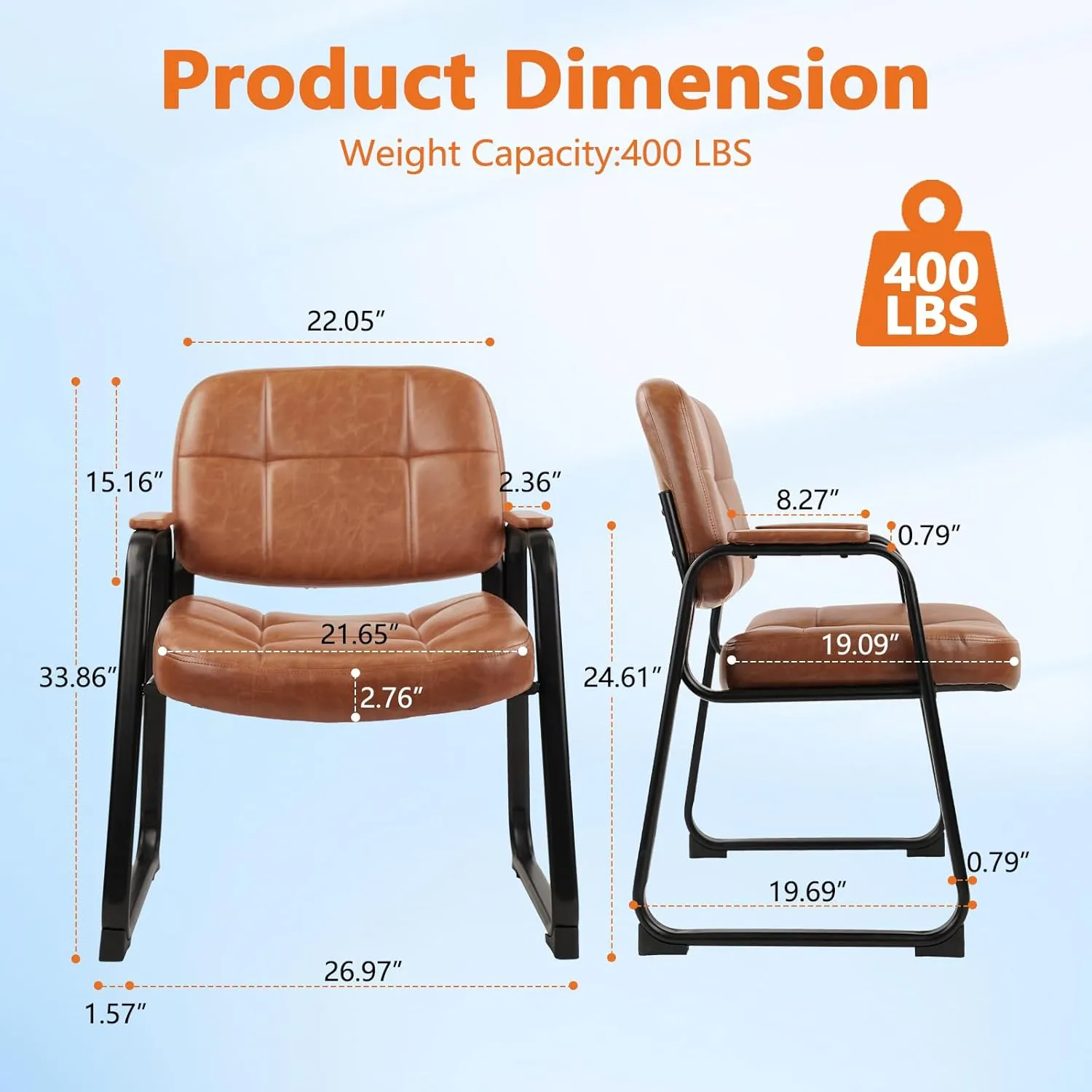 CLATINA Big & Tall 400 lb Waiting Room Chairs with Padded Armrests and Sled Base, Leather Stationary No Wheels Office Guest Chair for Reception Lobby Home and Meeting Conference, Brown （2 Pack）