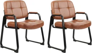 CLATINA Big & Tall 400 lb Waiting Room Chairs with Padded Armrests and Sled Base, Leather Stationary No Wheels Office Guest Chair for Reception Lobby Home and Meeting Conference, Brown （2 Pack）