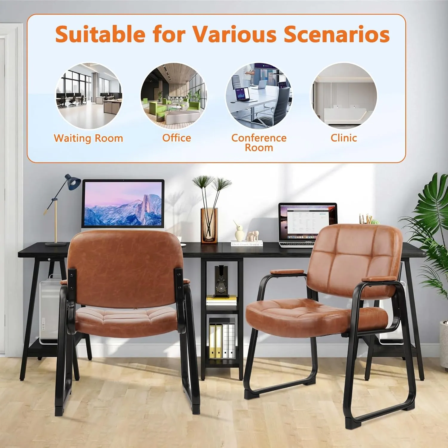 CLATINA Big & Tall 400 lb Waiting Room Chairs with Padded Armrests and Sled Base, Leather Stationary No Wheels Office Guest Chair for Reception Lobby Home and Meeting Conference, Brown （2 Pack）