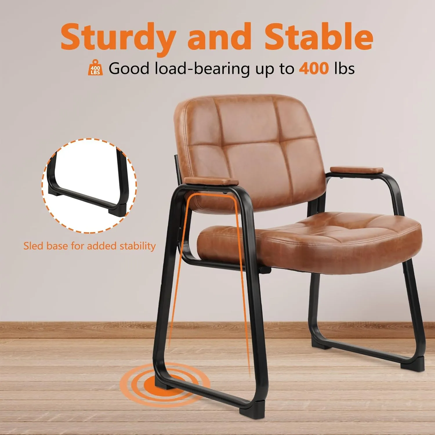 CLATINA Big & Tall 400 lb Waiting Room Chairs with Padded Armrests and Sled Base, Leather Stationary No Wheels Office Guest Chair for Reception Lobby Home and Meeting Conference, Brown （2 Pack）