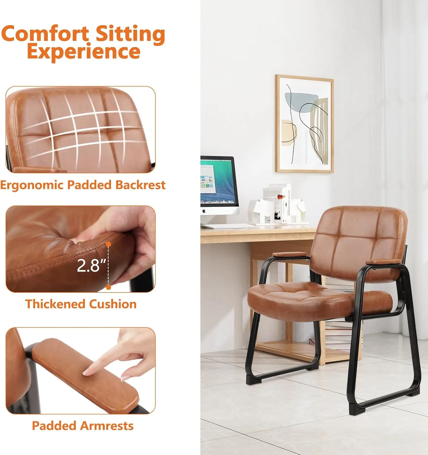 CLATINA Big & Tall 400 lb Waiting Room Chairs with Padded Armrests and Sled Base, Leather Stationary No Wheels Office Guest Chair for Reception Lobby Home and Meeting Conference, Brown （2 Pack）