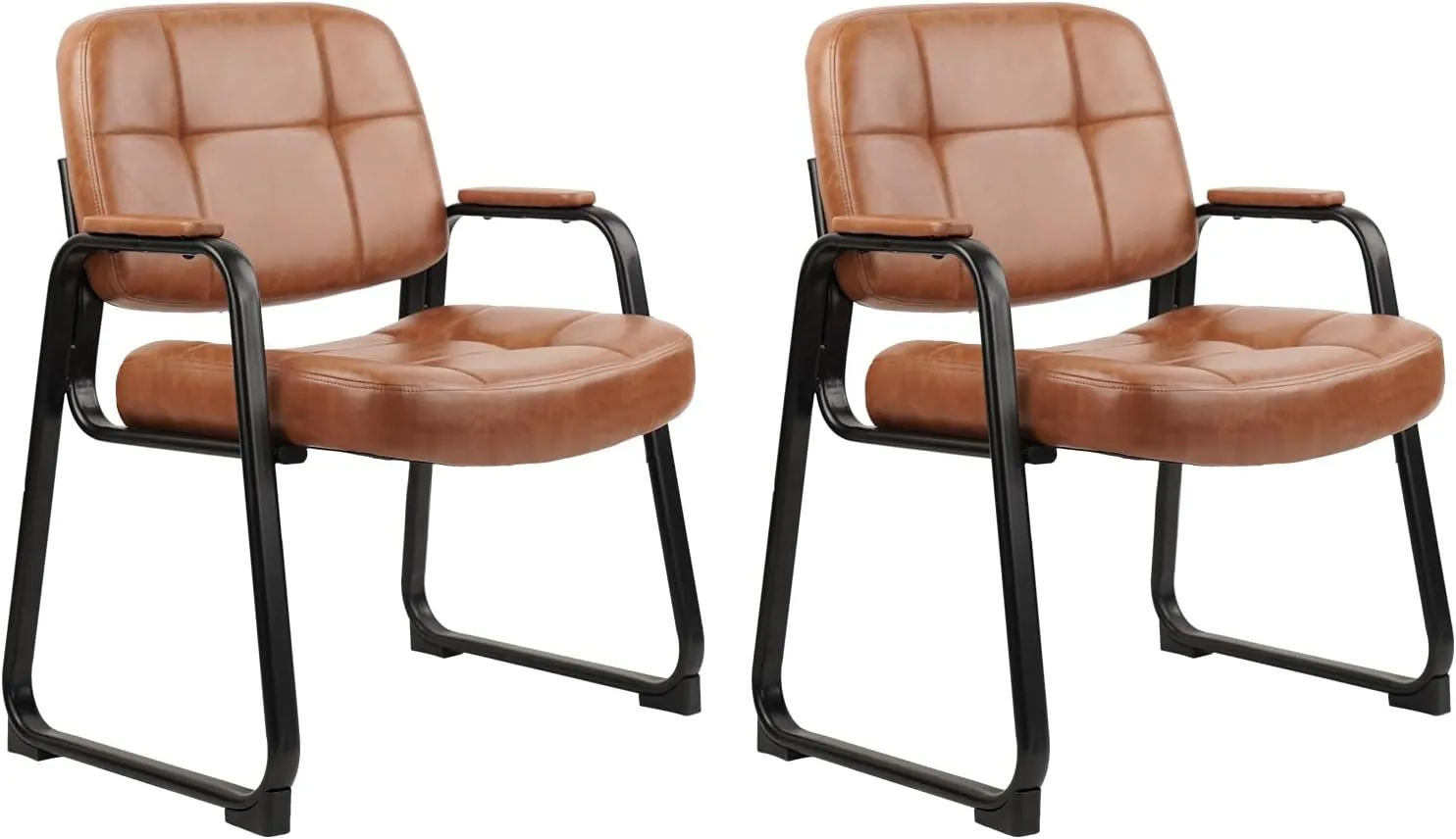 CLATINA Big & Tall 400 lb Waiting Room Chairs with Padded Armrests and Sled Base, Leather Stationary No Wheels Office Guest Chair for Reception Lobby Home and Meeting Conference, Brown （2 Pack）