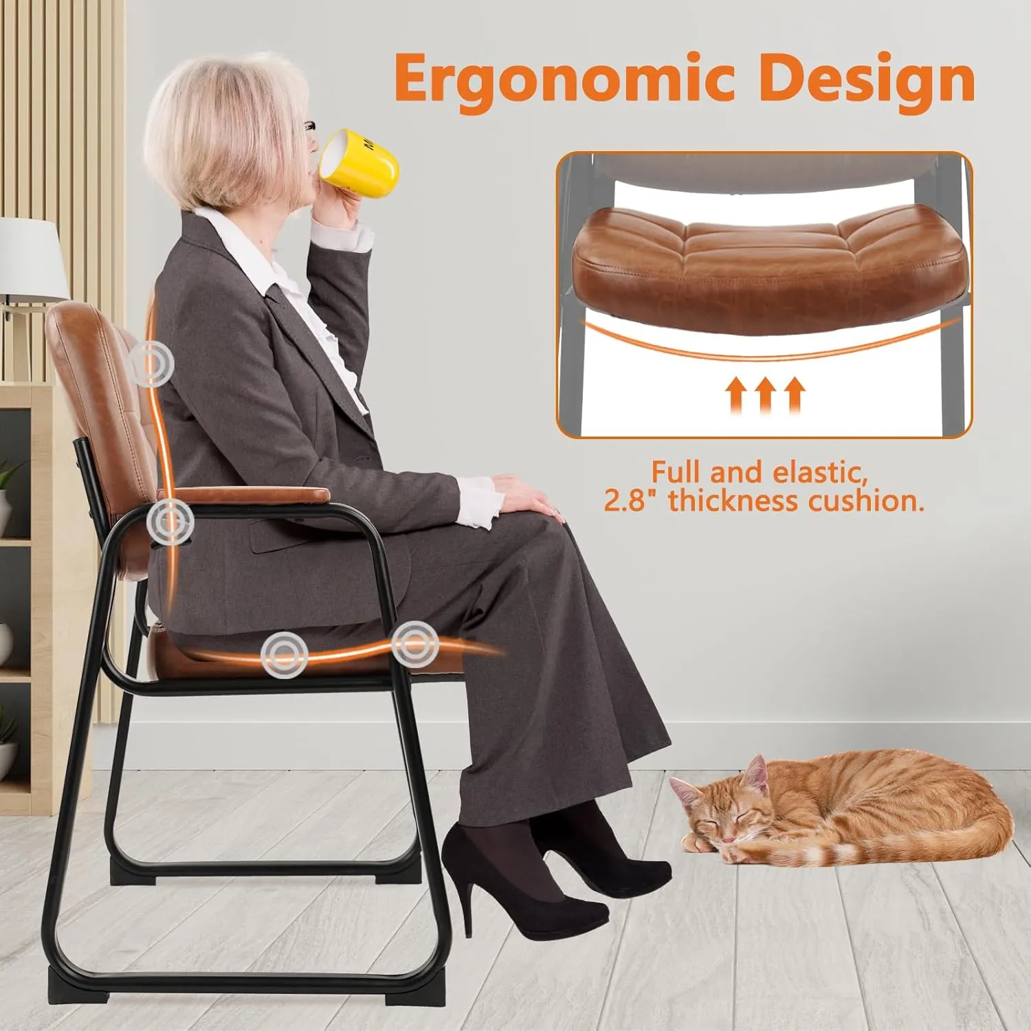 CLATINA Big & Tall 400 lb Waiting Room Chairs with Padded Armrests and Sled Base, Leather Stationary No Wheels Office Guest Chair for Reception Lobby Home and Meeting Conference, Brown （2 Pack）