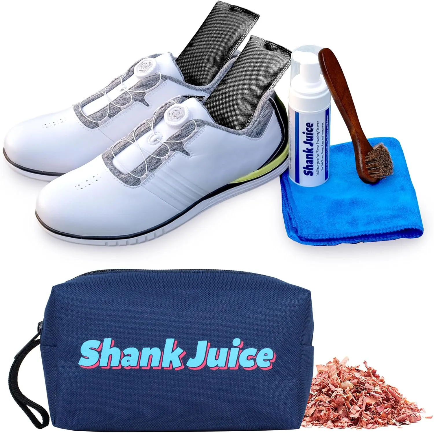 Clean Kit for Golf Shoes and Accessories - 6-item Kit: No Rinse Foaming Cleaner, Brush, Cloth, Cedar Inserts
