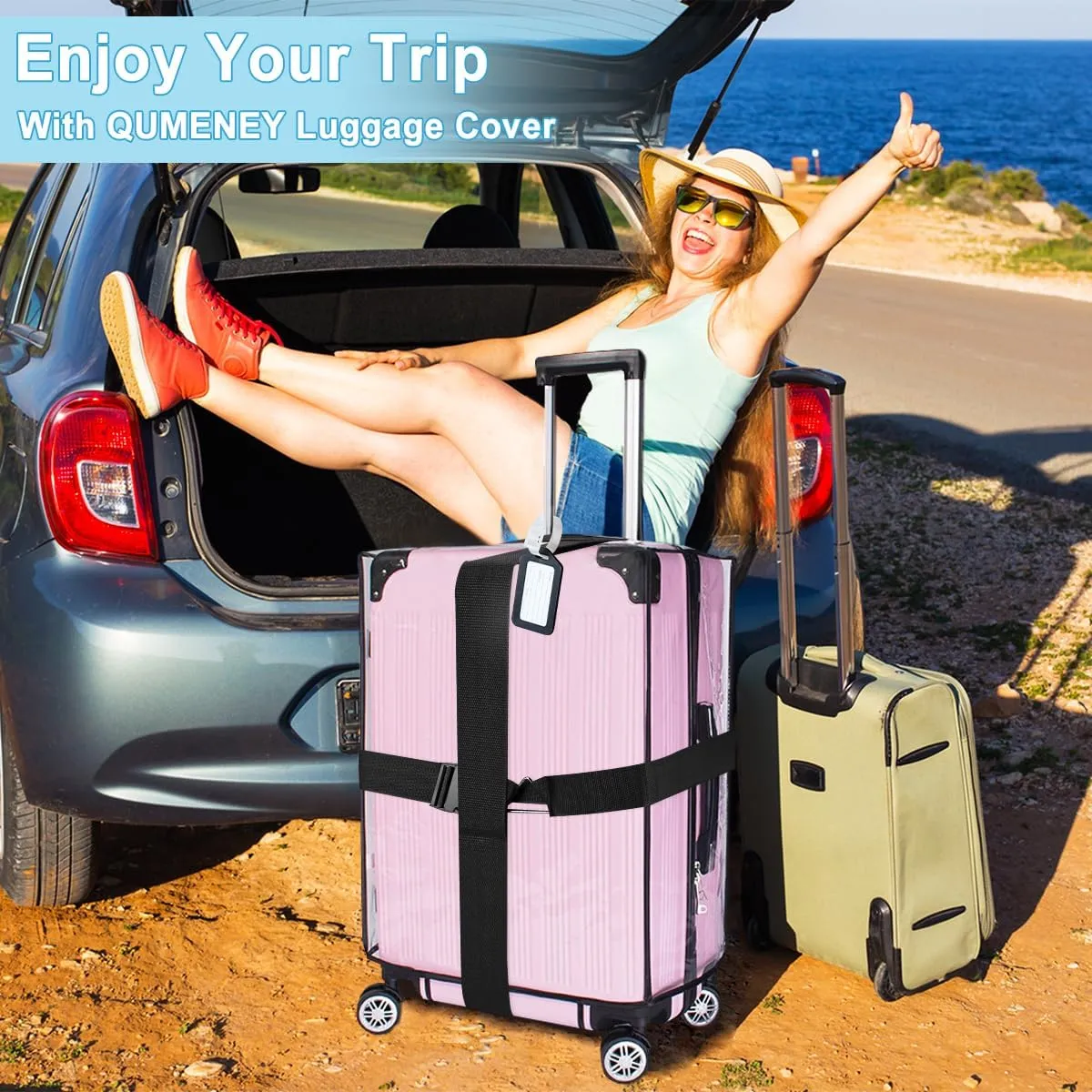 Clear Luggage Cover Protector Bag with Tag - Transparent PVC Suitcase Cover - Waterproof Dustproof for Travel (Black, 24-Inch)