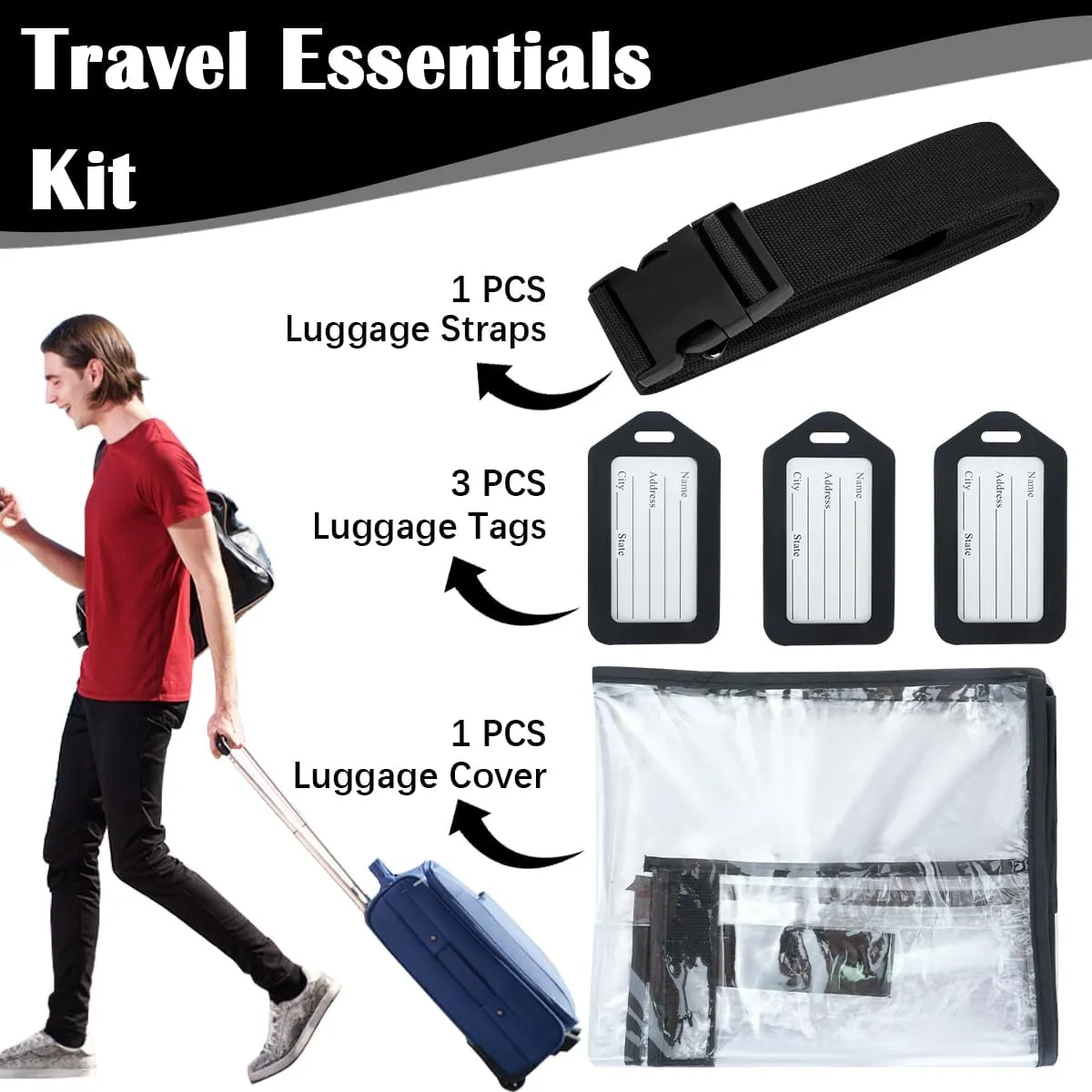 Clear Luggage Cover Protector Bag with Tag - Transparent PVC Suitcase Cover - Waterproof Dustproof for Travel (Black, 24-Inch)