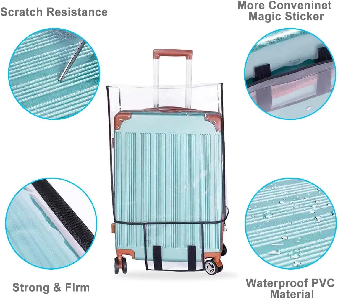 Clear Luggage Cover Protector Bag with Tag - Transparent PVC Suitcase Cover - Waterproof Dustproof for Travel (Black, 24-Inch)