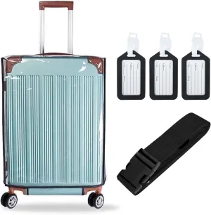 Clear Luggage Cover Protector Bag with Tag - Transparent PVC Suitcase Cover - Waterproof Dustproof for Travel (Black, 24-Inch)