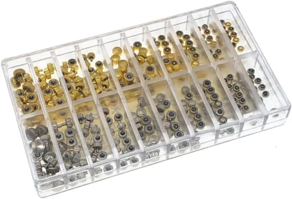 CLISPEED 300pcs Dome Watch Crown Parts Replacement Kit Assorted for Watchmakers Includes Watch Tube Flat Accessories Organizer Box