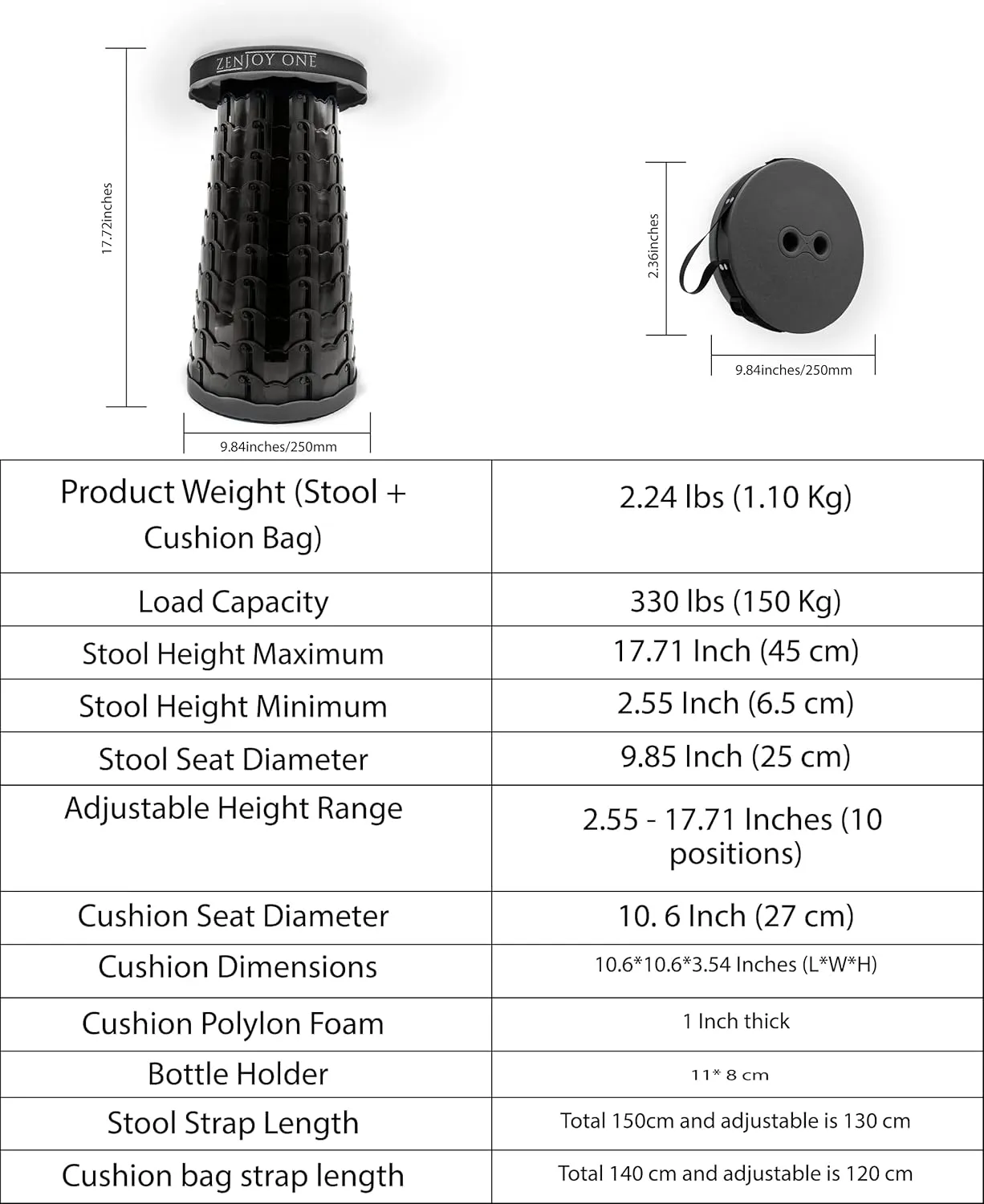 Collapsible Portable Travel Seat, Retractable Telescopic Stool, 3-in-1 Cushion Pad, Carry Bag, Drink Holder, Adjustable Lightweight Adult Stool Up to 550 lbs
