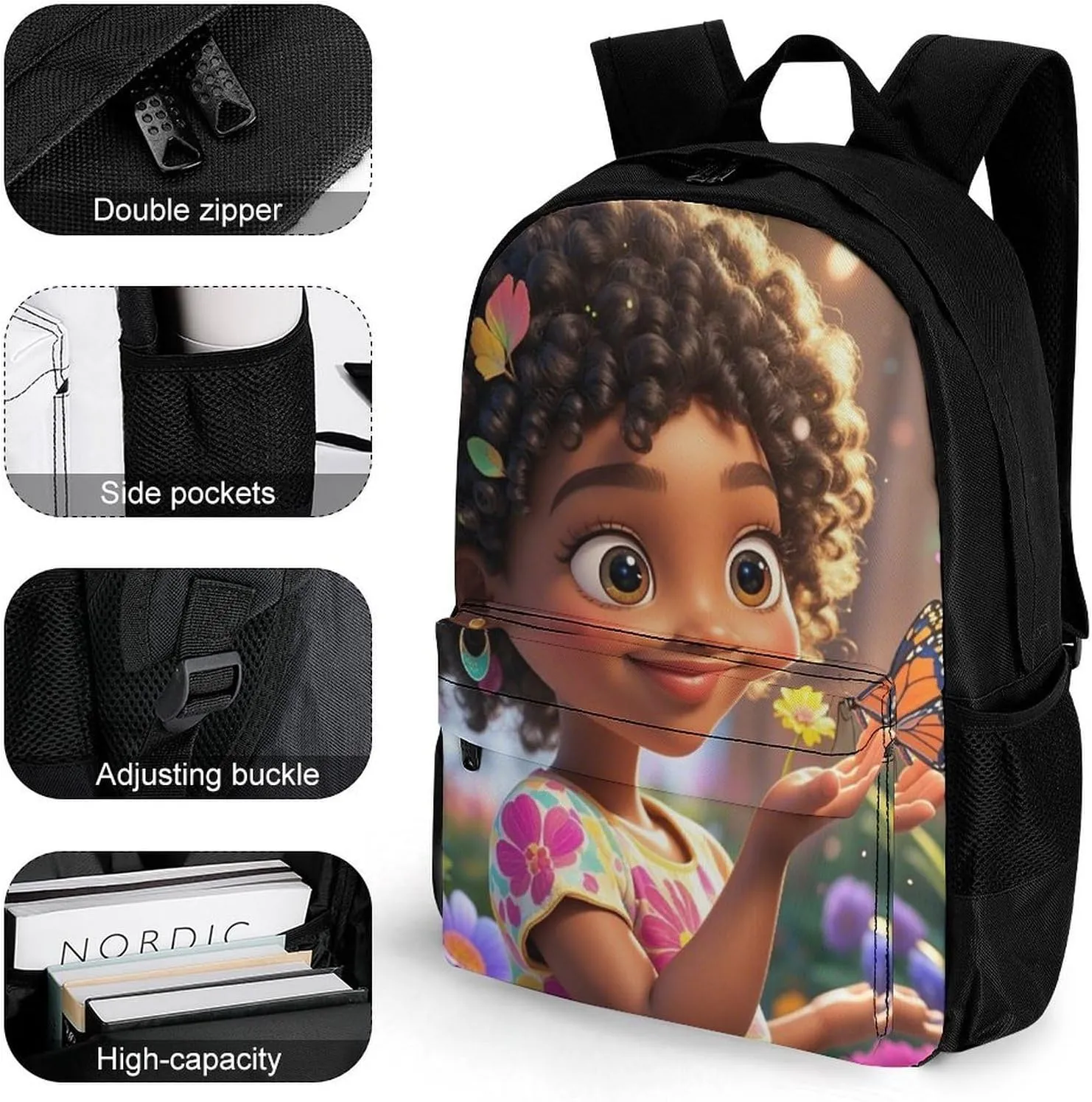 Colorful Afro American Black Woman With Butterflies Art Daypack Lightweight Multipurpose Anti-Theft Shoulder Bag Large Capacity Laptop Book Bag Rucksack With Adjustable Shoulder Straps