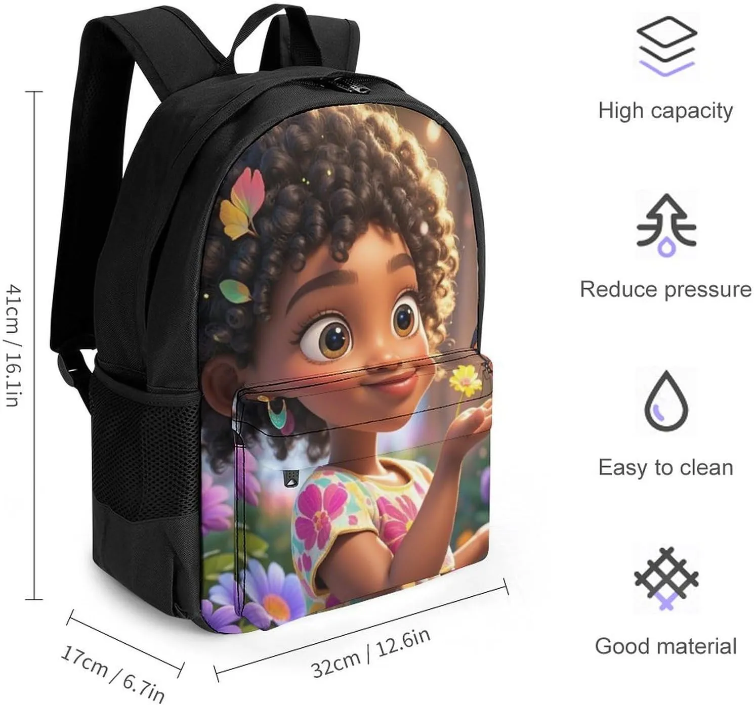 Colorful Afro American Black Woman With Butterflies Art Daypack Lightweight Multipurpose Anti-Theft Shoulder Bag Large Capacity Laptop Book Bag Rucksack With Adjustable Shoulder Straps