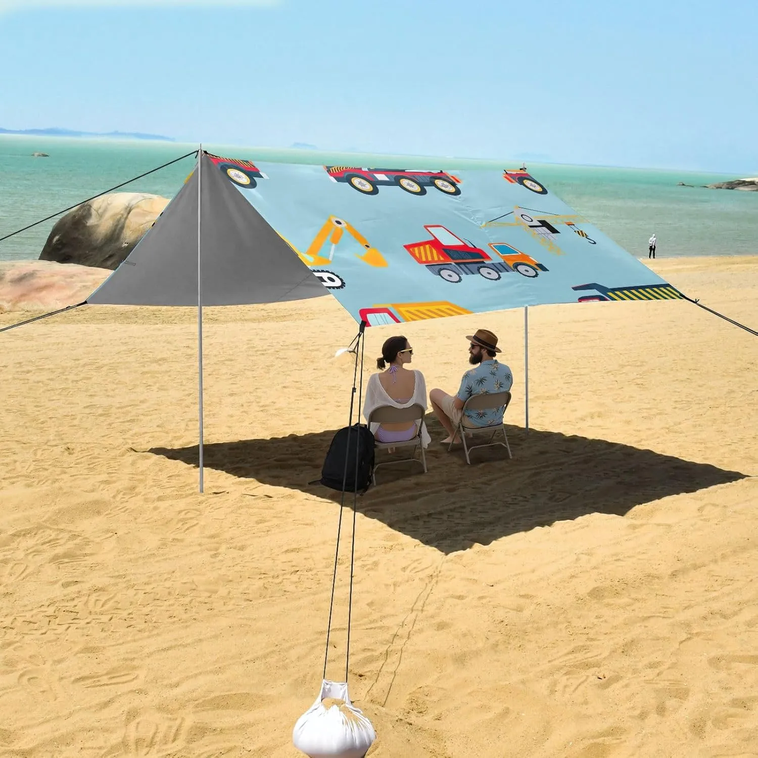 Colorful Construction Trucks Blue Tent Beach Canopy Patio Sun Shade Outdoor for Adults Camping Sun Shelter 9.2 × 10.5 FT Waterproof with Poles Sand Anchor