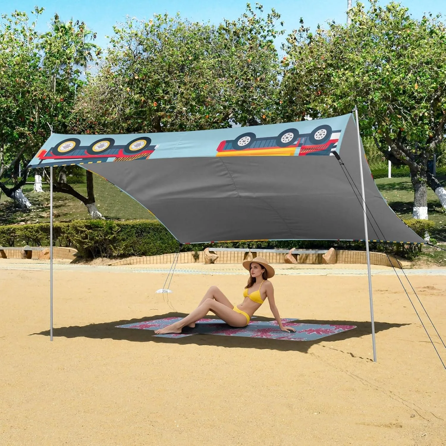 Colorful Construction Trucks Blue Tent Beach Canopy Patio Sun Shade Outdoor for Adults Camping Sun Shelter 9.2 × 10.5 FT Waterproof with Poles Sand Anchor