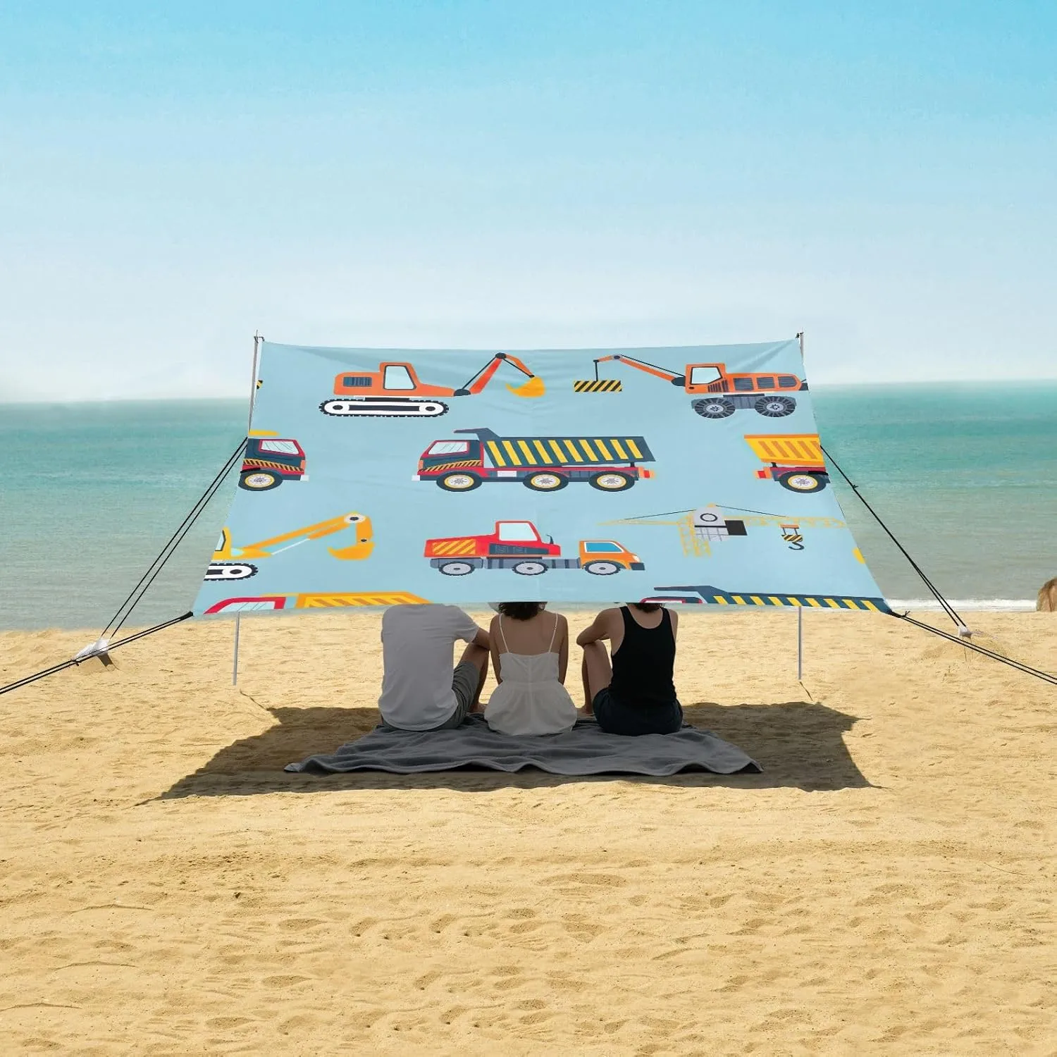 Colorful Construction Trucks Blue Tent Beach Canopy Patio Sun Shade Outdoor for Adults Camping Sun Shelter 9.2 × 10.5 FT Waterproof with Poles Sand Anchor