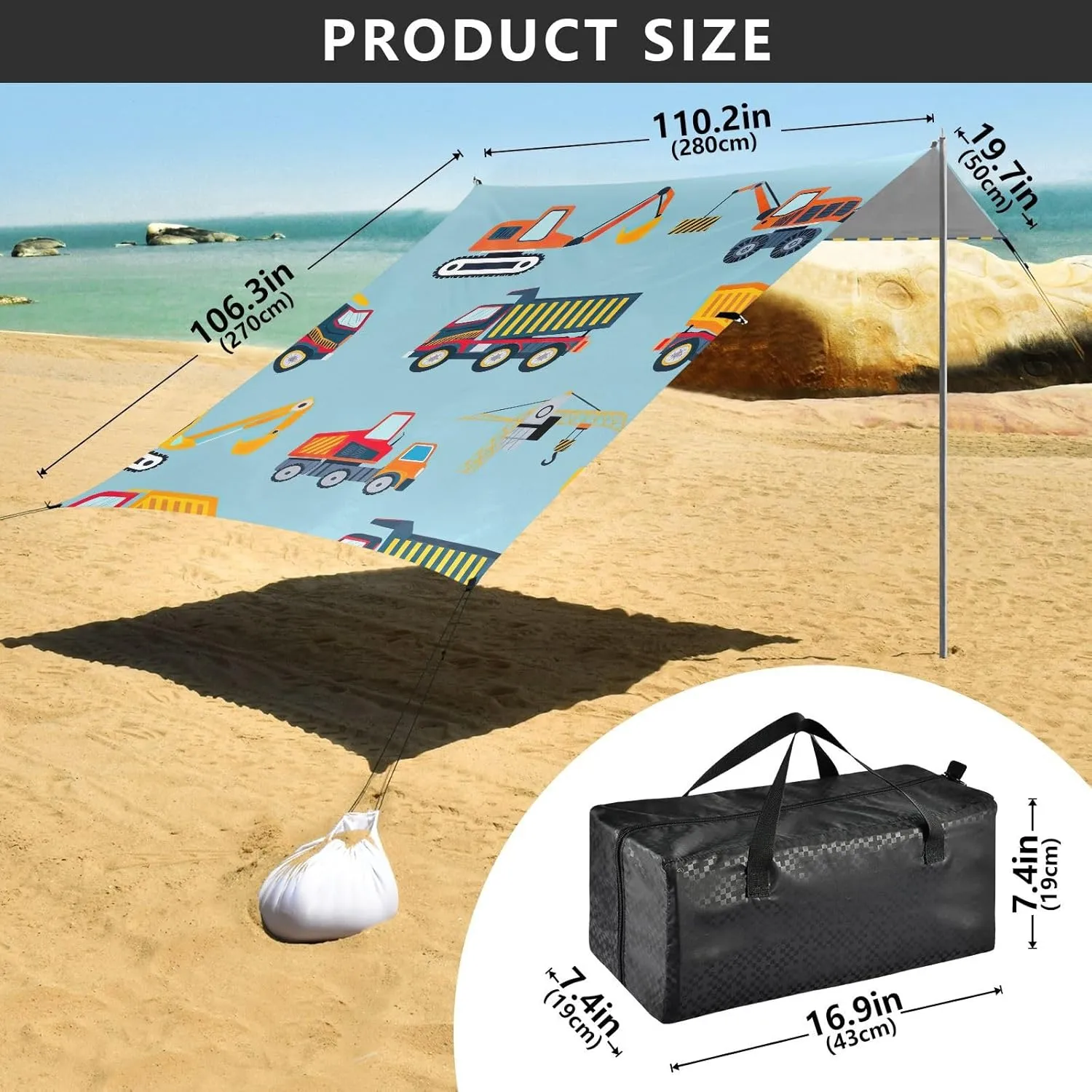 Colorful Construction Trucks Blue Tent Beach Canopy Patio Sun Shade Outdoor for Adults Camping Sun Shelter 9.2 × 10.5 FT Waterproof with Poles Sand Anchor