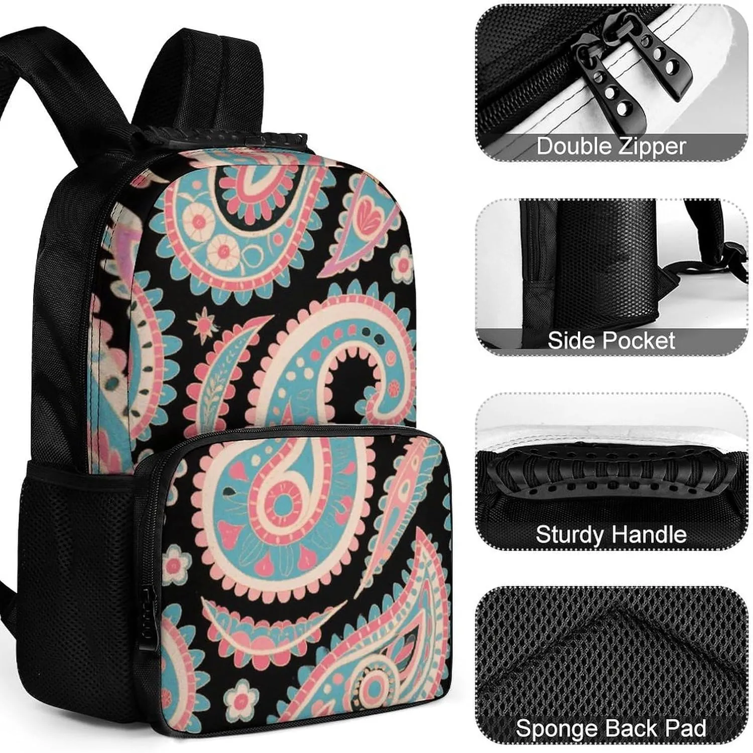 Colorful Flowers Leaves Paisley Art Daypack Lightweight Multipurpose Anti-Theft Shoulder Bag Large Capacity Laptop Book Bag Rucksack With Adjustable Shoulder Straps