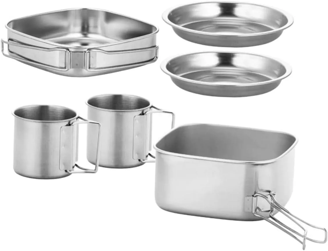 Compact Camping Cooking Kit 1 Set of Portable Pot Pan Cup Plate Stainless Steel Camping Cookware Ideal for Outdoor Activities