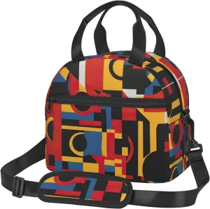 Composition in Red Yellow Blue and Black Print Lunch Bag Tote Reusable Lunch Box Container with Shoulder Strap Work Picnic Adult