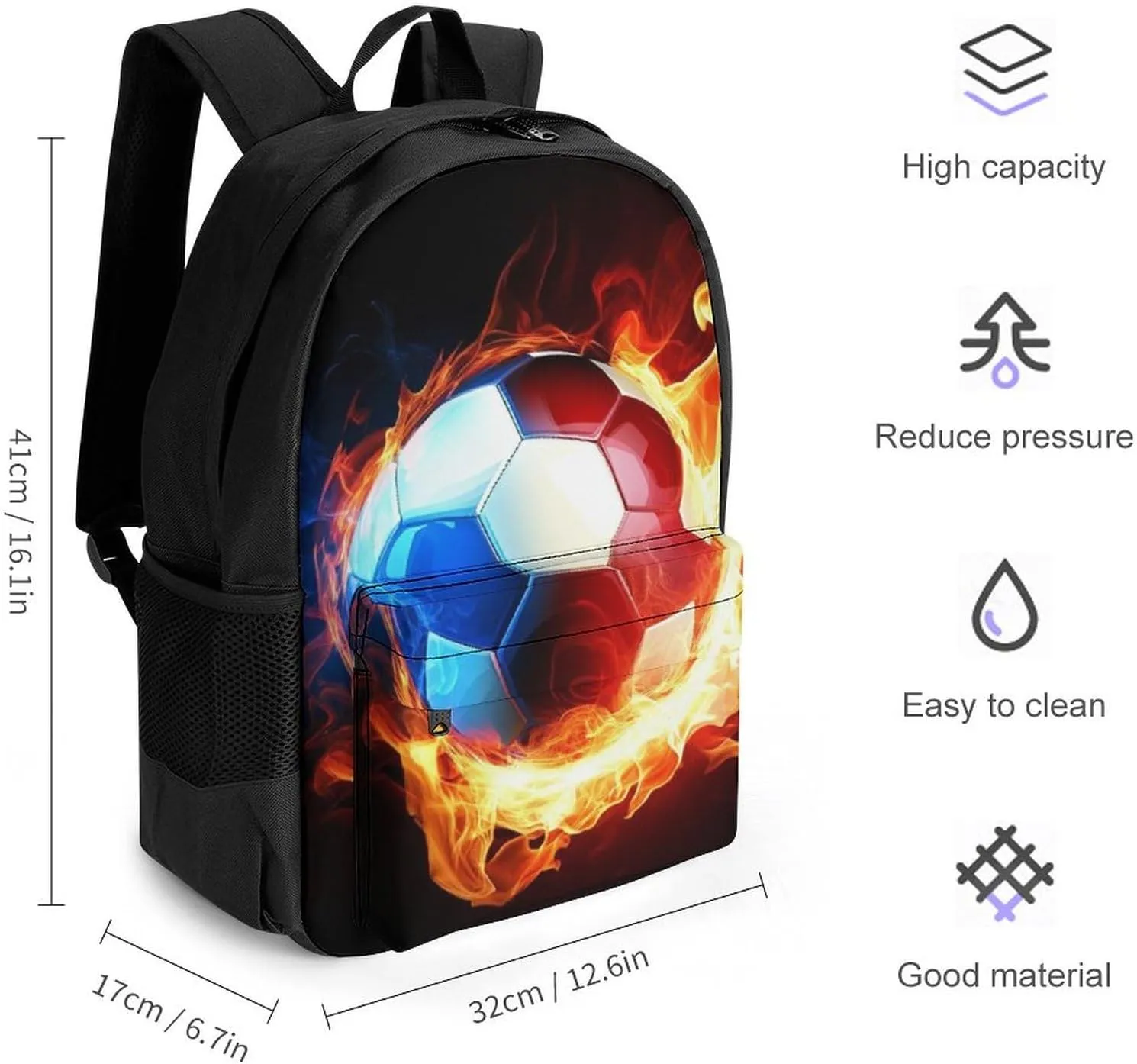 Cool Fire Flame Soccer Football Black Backpack Polyester Anti-Theft Multipurpose Bookbag Large Capacity Laptop Book Bag Rucksack With Side Pockets