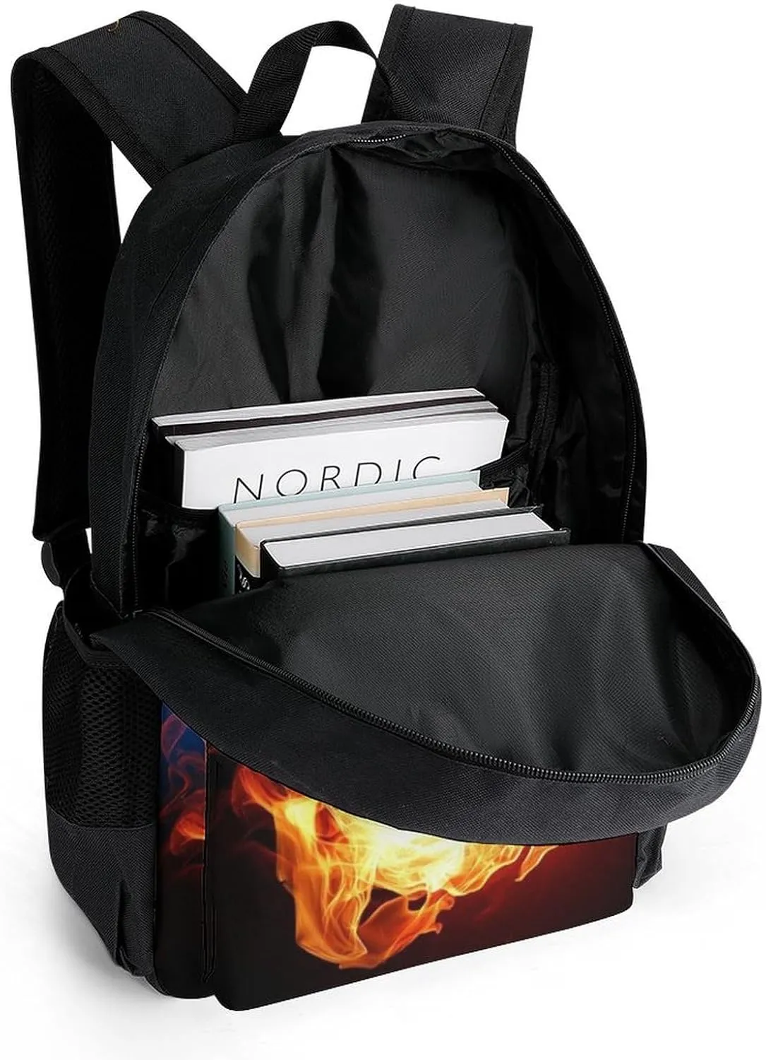 Cool Fire Flame Soccer Football Black Backpack Polyester Anti-Theft Multipurpose Bookbag Large Capacity Laptop Book Bag Rucksack With Side Pockets
