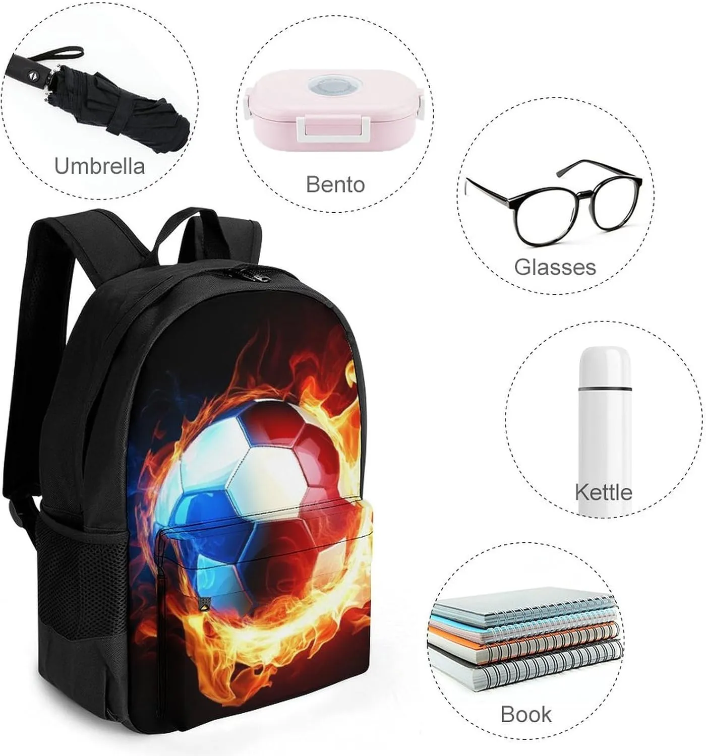 Cool Fire Flame Soccer Football Black Backpack Polyester Anti-Theft Multipurpose Bookbag Large Capacity Laptop Book Bag Rucksack With Side Pockets