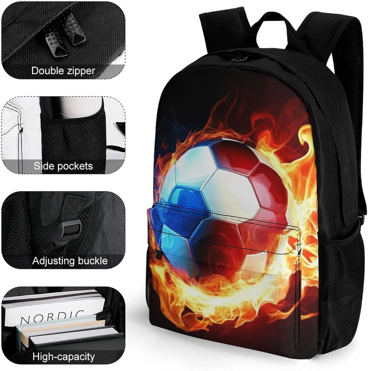 Cool Fire Flame Soccer Football Black Backpack Polyester Anti-Theft Multipurpose Bookbag Large Capacity Laptop Book Bag Rucksack With Side Pockets