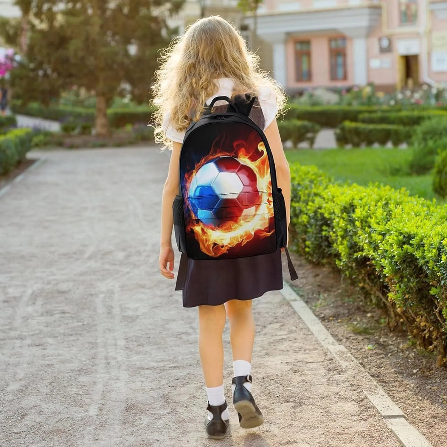 Cool Fire Flame Soccer Football Black Backpack Polyester Anti-Theft Multipurpose Bookbag Large Capacity Laptop Book Bag Rucksack With Side Pockets