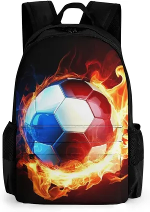 Cool Fire Flame Soccer Football Black Backpack Polyester Anti-Theft Multipurpose Bookbag Large Capacity Laptop Book Bag Rucksack With Side Pockets