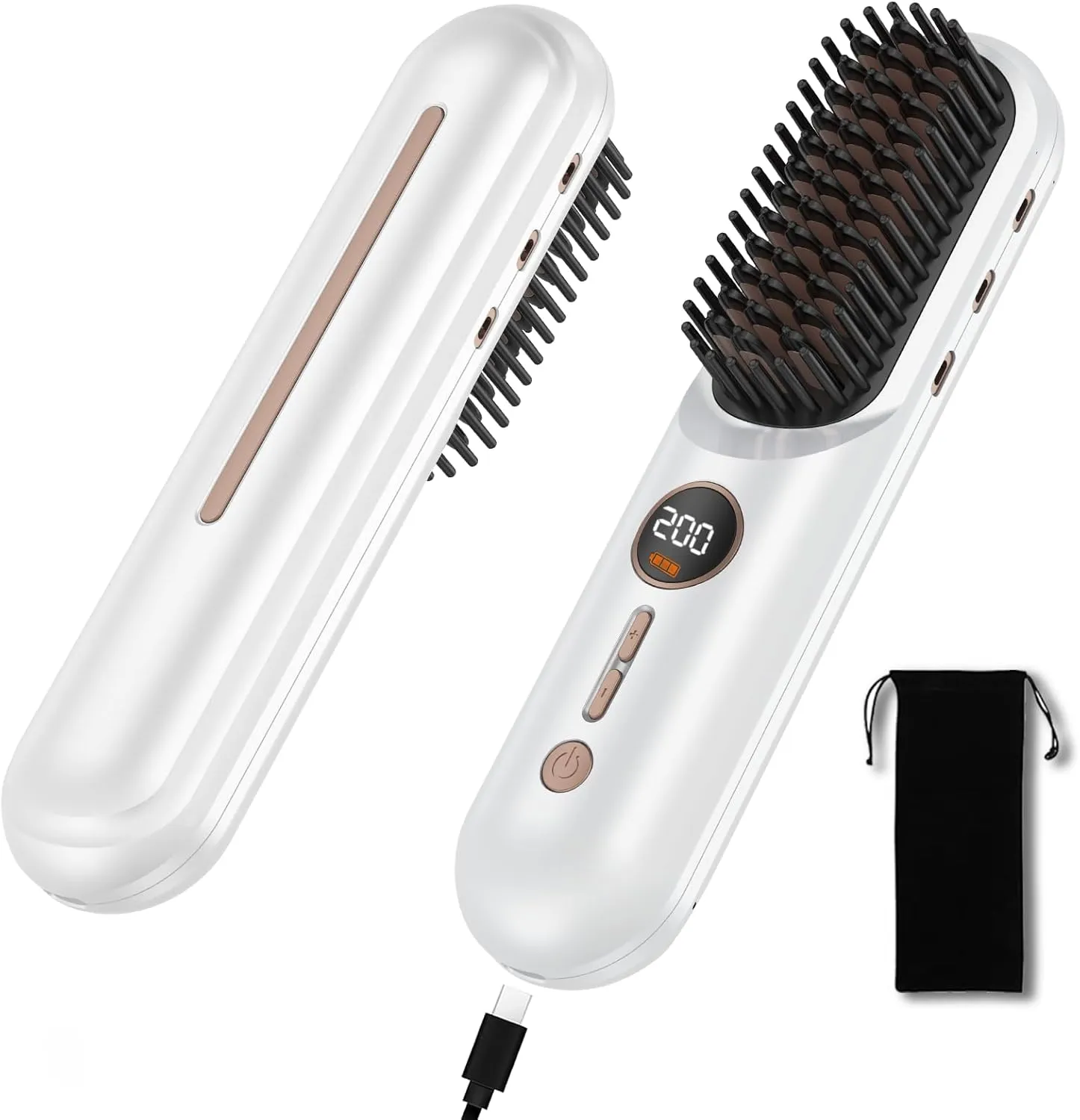 Cordless Hair Straightener Brush for Women, Portable Straightening Brush with 4 Temp Settings, 300M Ions, Fast Heating, USB-C Charging (White)