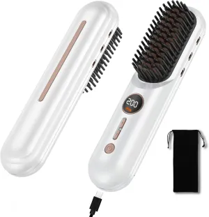 Cordless Hair Straightener Brush for Women, Portable Straightening Brush with 4 Temp Settings, 300M Ions, Fast Heating, USB-C Charging (White)