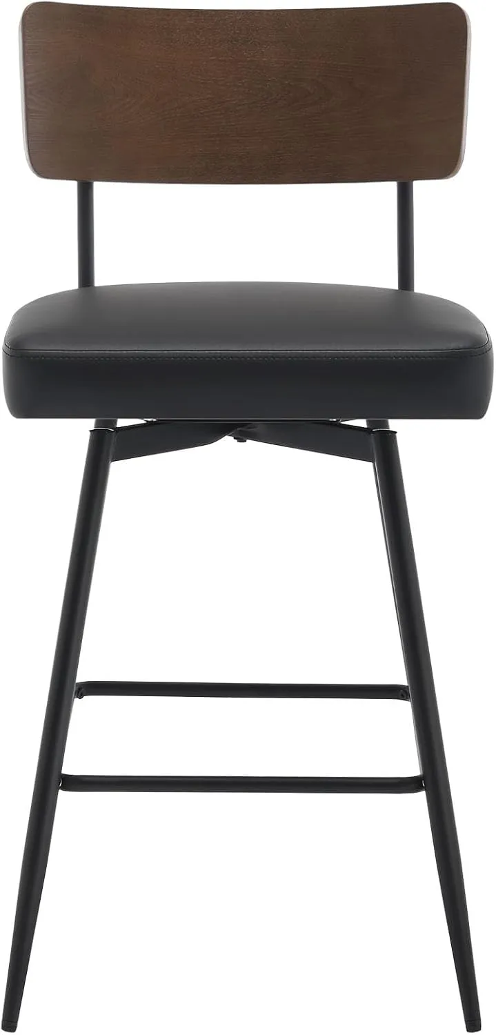 Counter Height Swivel Bar Stools Set of 3, Upholstered Faux Leather Barstools with Wood Backs and Metal Legs, 26" Seat Height Counter Bar Stool for Kitchen Island, Black