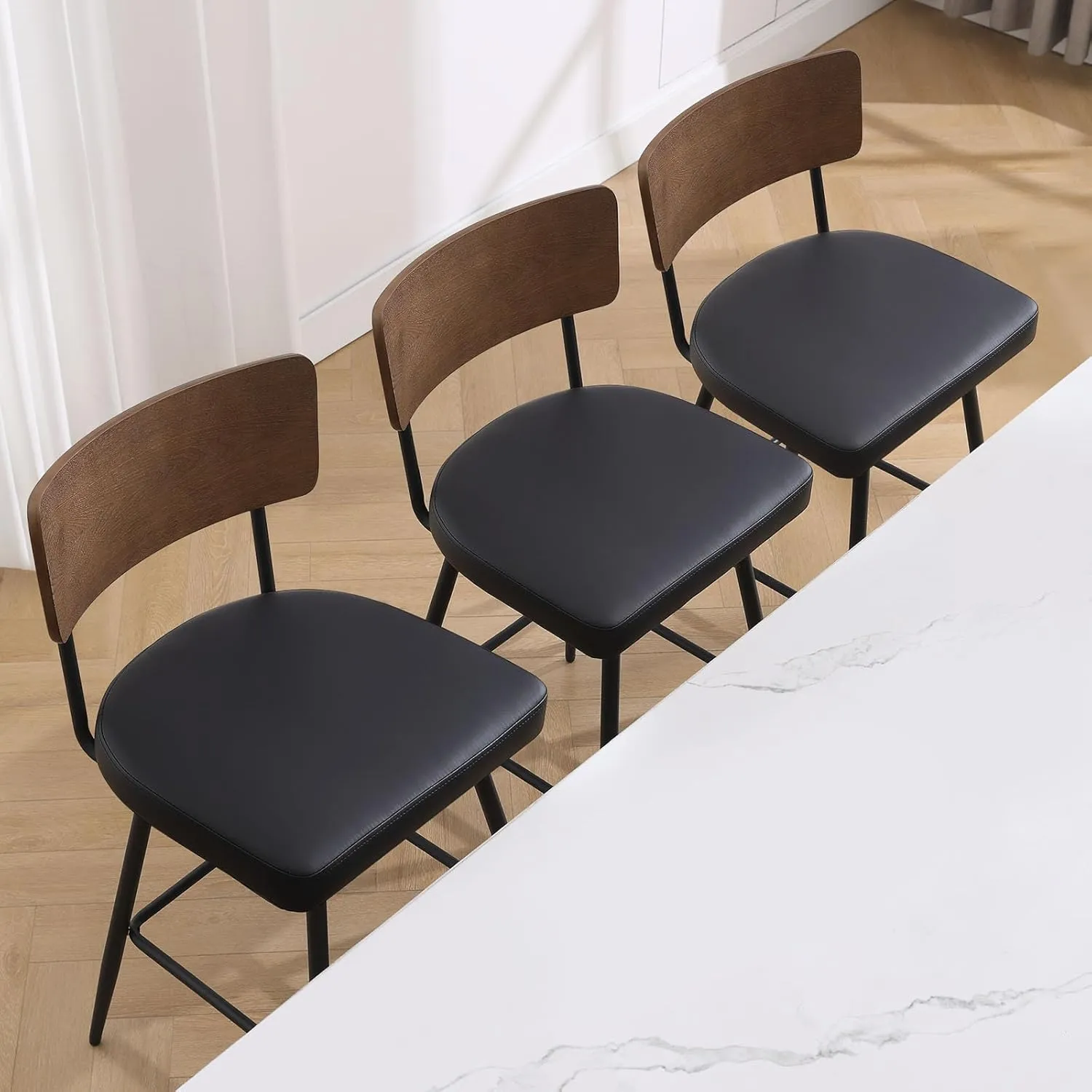 Counter Height Swivel Bar Stools Set of 3, Upholstered Faux Leather Barstools with Wood Backs and Metal Legs, 26" Seat Height Counter Bar Stool for Kitchen Island, Black