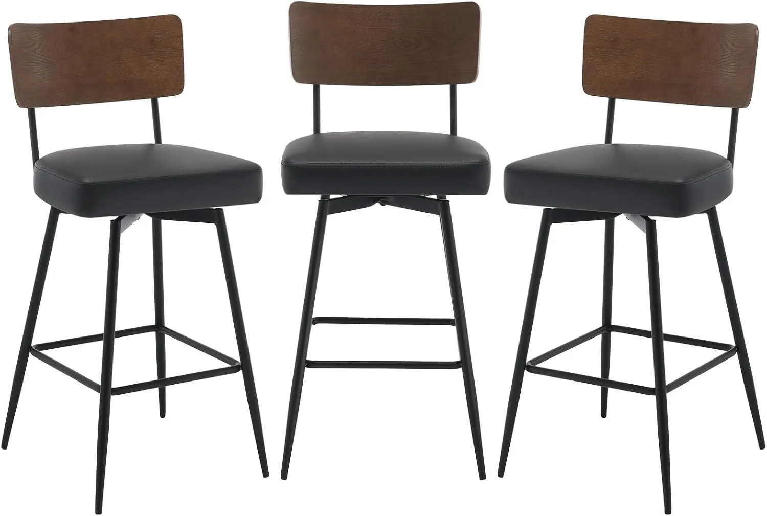 Counter Height Swivel Bar Stools Set of 3, Upholstered Faux Leather Barstools with Wood Backs and Metal Legs, 26" Seat Height Counter Bar Stool for Kitchen Island, Black