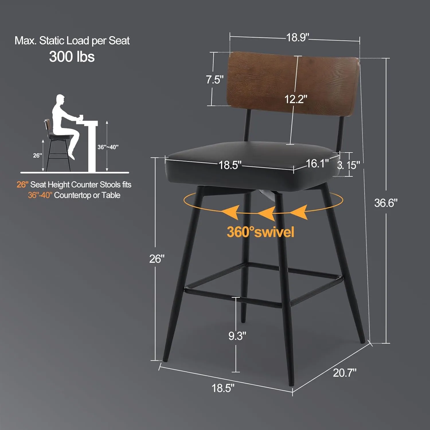 Counter Height Swivel Bar Stools Set of 3, Upholstered Faux Leather Barstools with Wood Backs and Metal Legs, 26" Seat Height Counter Bar Stool for Kitchen Island, Black