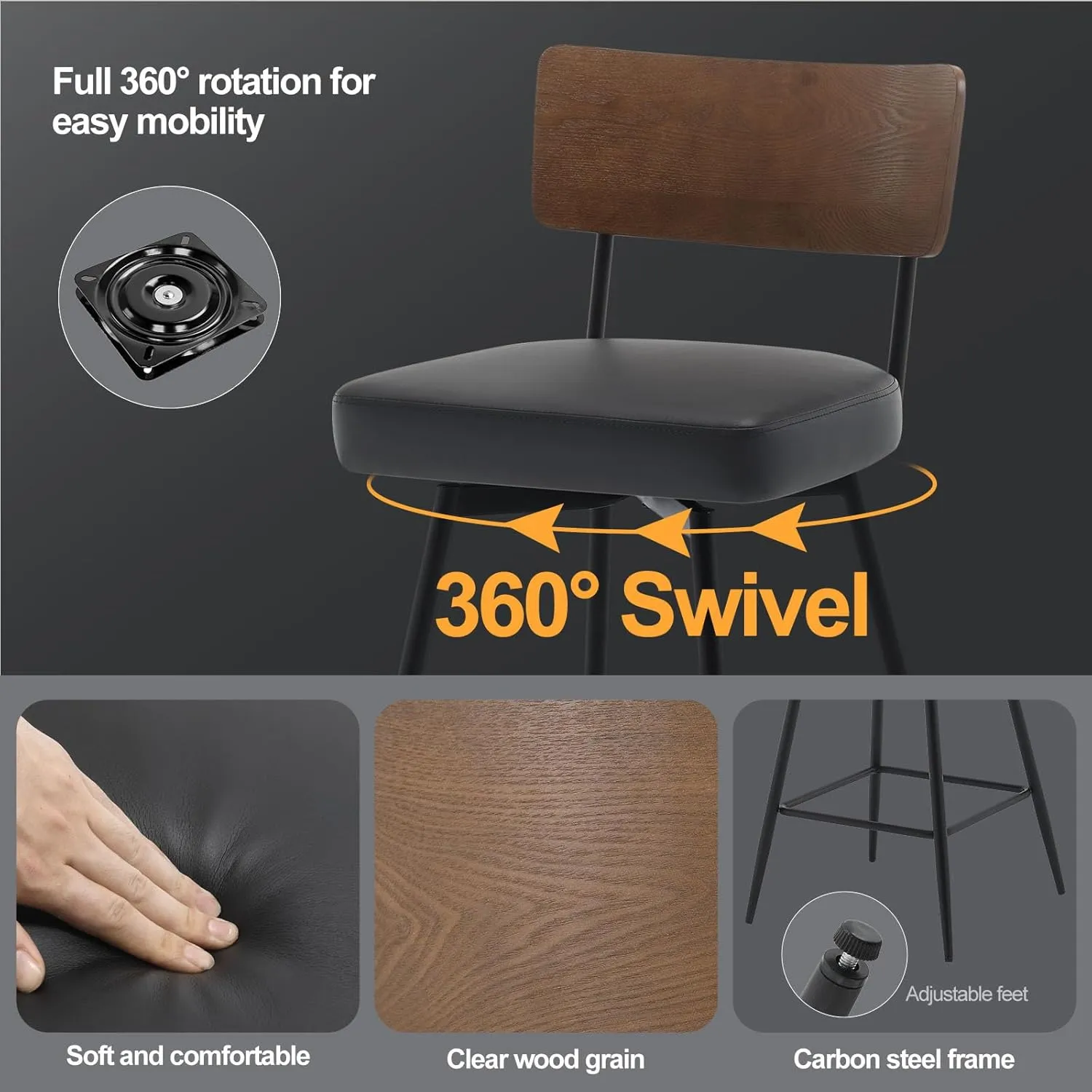 Counter Height Swivel Bar Stools Set of 3, Upholstered Faux Leather Barstools with Wood Backs and Metal Legs, 26" Seat Height Counter Bar Stool for Kitchen Island, Black