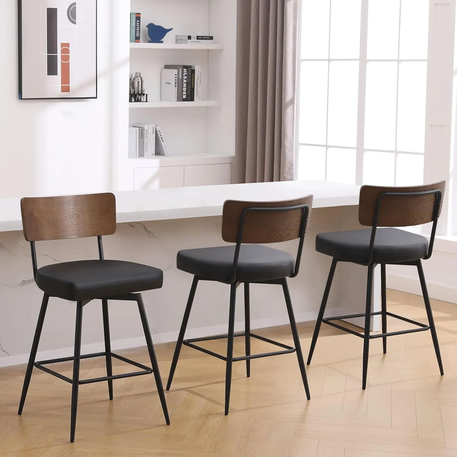Counter Height Swivel Bar Stools Set of 3, Upholstered Faux Leather Barstools with Wood Backs and Metal Legs, 26" Seat Height Counter Bar Stool for Kitchen Island, Black