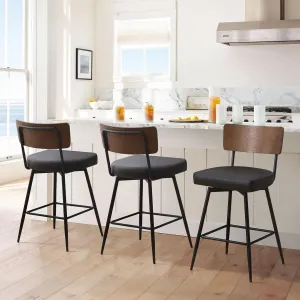 Counter Height Swivel Bar Stools Set of 3, Upholstered Faux Leather Barstools with Wood Backs and Metal Legs, 26" Seat Height Counter Bar Stool for Kitchen Island, Black