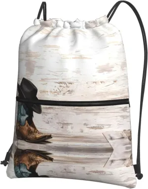 Cowboy Hat and Boots Print Nylon Drawstring Backpack â€“ Adjustable Lightweight Gym Bag for Sports, Travel, Camping & Hiking