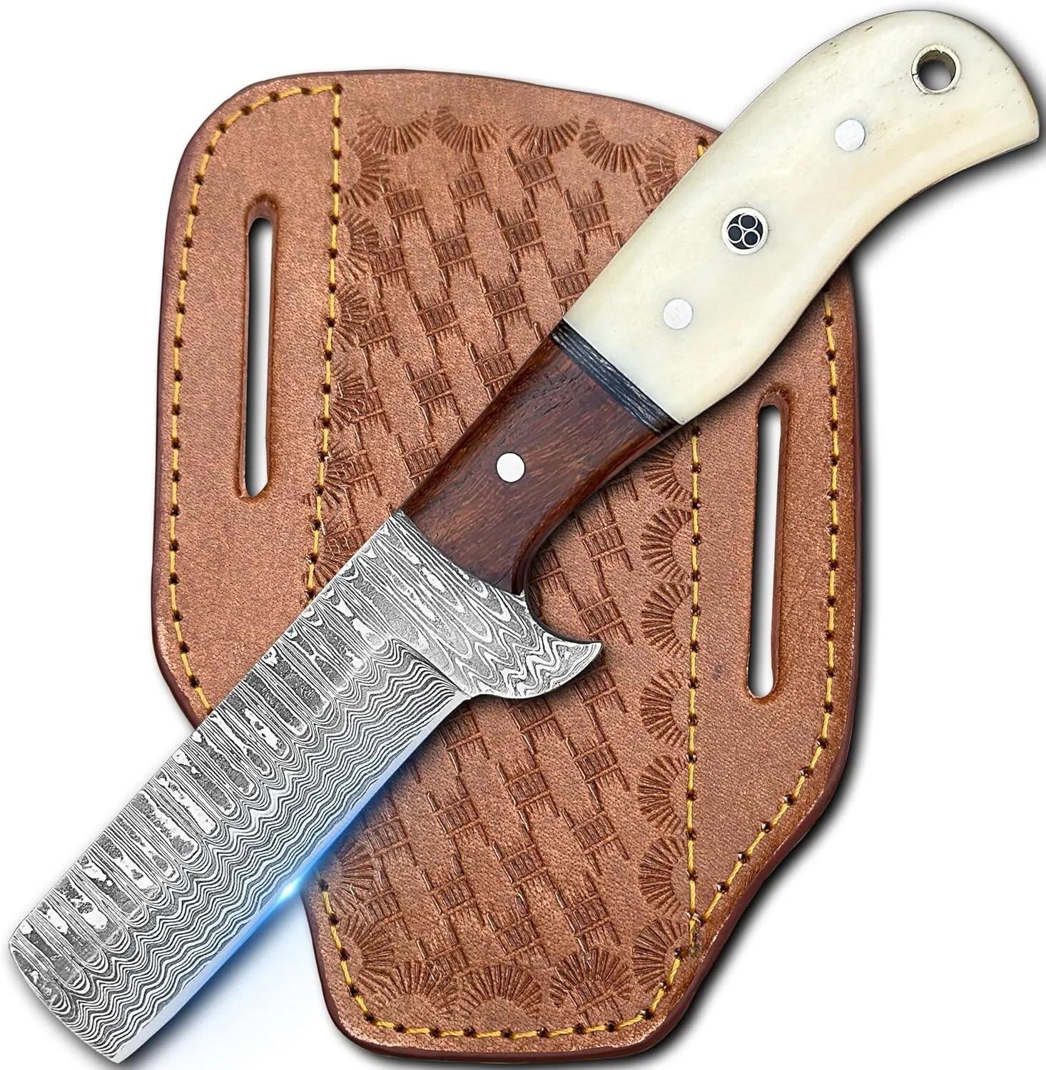 Cowboy Knives with Leather Sheath - 8” Sharp Handmade Damascus Bull Cutter Knife - EDC Fixed Blade Hunting Knife for Skinning, Camping, Bushcrafting and Outdoor Activities