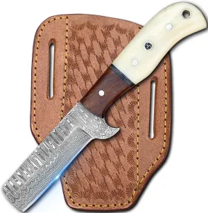 Cowboy Knives with Leather Sheath - 8” Sharp Handmade Damascus Bull Cutter Knife - EDC Fixed Blade Hunting Knife for Skinning, Camping, Bushcrafting and Outdoor Activities