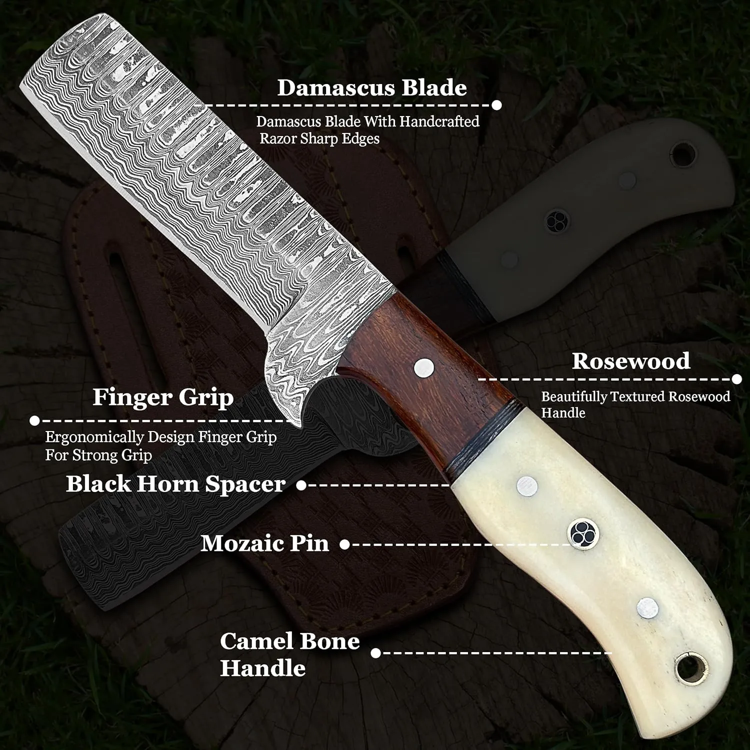 Cowboy Knives with Leather Sheath - 8” Sharp Handmade Damascus Bull Cutter Knife - EDC Fixed Blade Hunting Knife for Skinning, Camping, Bushcrafting and Outdoor Activities