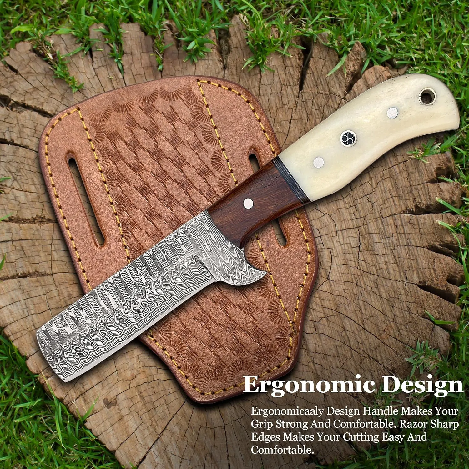 Cowboy Knives with Leather Sheath - 8” Sharp Handmade Damascus Bull Cutter Knife - EDC Fixed Blade Hunting Knife for Skinning, Camping, Bushcrafting and Outdoor Activities