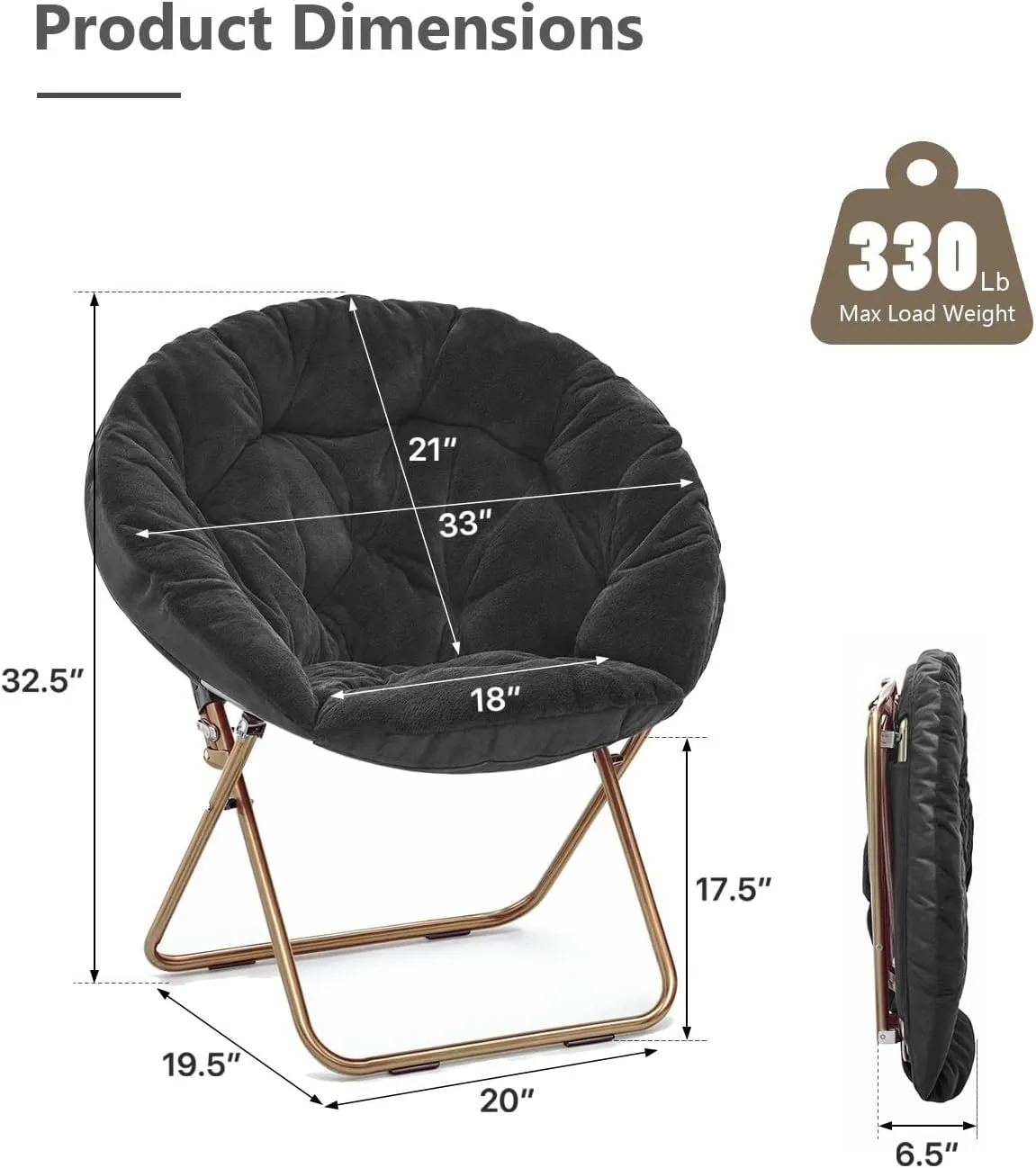 Cozy Saucer Chair, Living Room Chair, Faux Fur Soft Thick Padded Seat, Metal Frame Folding Chair, Comfortable Moon Chair for Living Room, Bedroom, Reading Nook, Modern Style, 1 Pack, Black