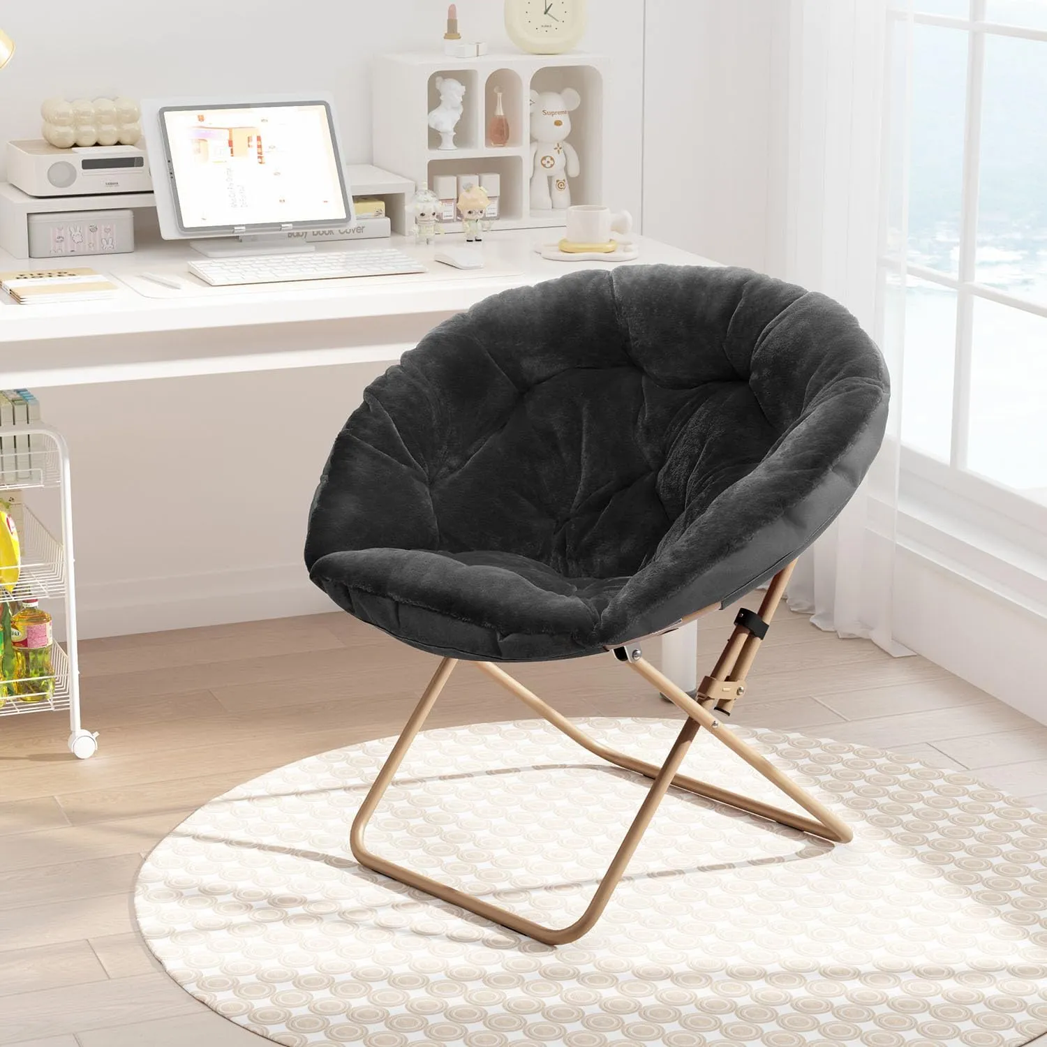 Cozy Saucer Chair, Living Room Chair, Faux Fur Soft Thick Padded Seat, Metal Frame Folding Chair, Comfortable Moon Chair for Living Room, Bedroom, Reading Nook, Modern Style, 1 Pack, Black