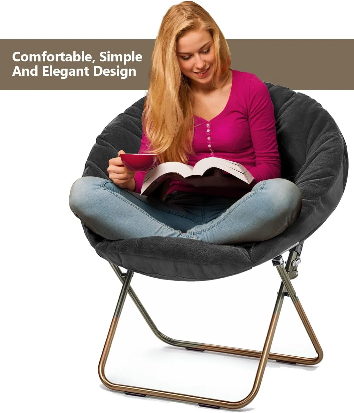Cozy Saucer Chair, Living Room Chair, Faux Fur Soft Thick Padded Seat, Metal Frame Folding Chair, Comfortable Moon Chair for Living Room, Bedroom, Reading Nook, Modern Style, 1 Pack, Black